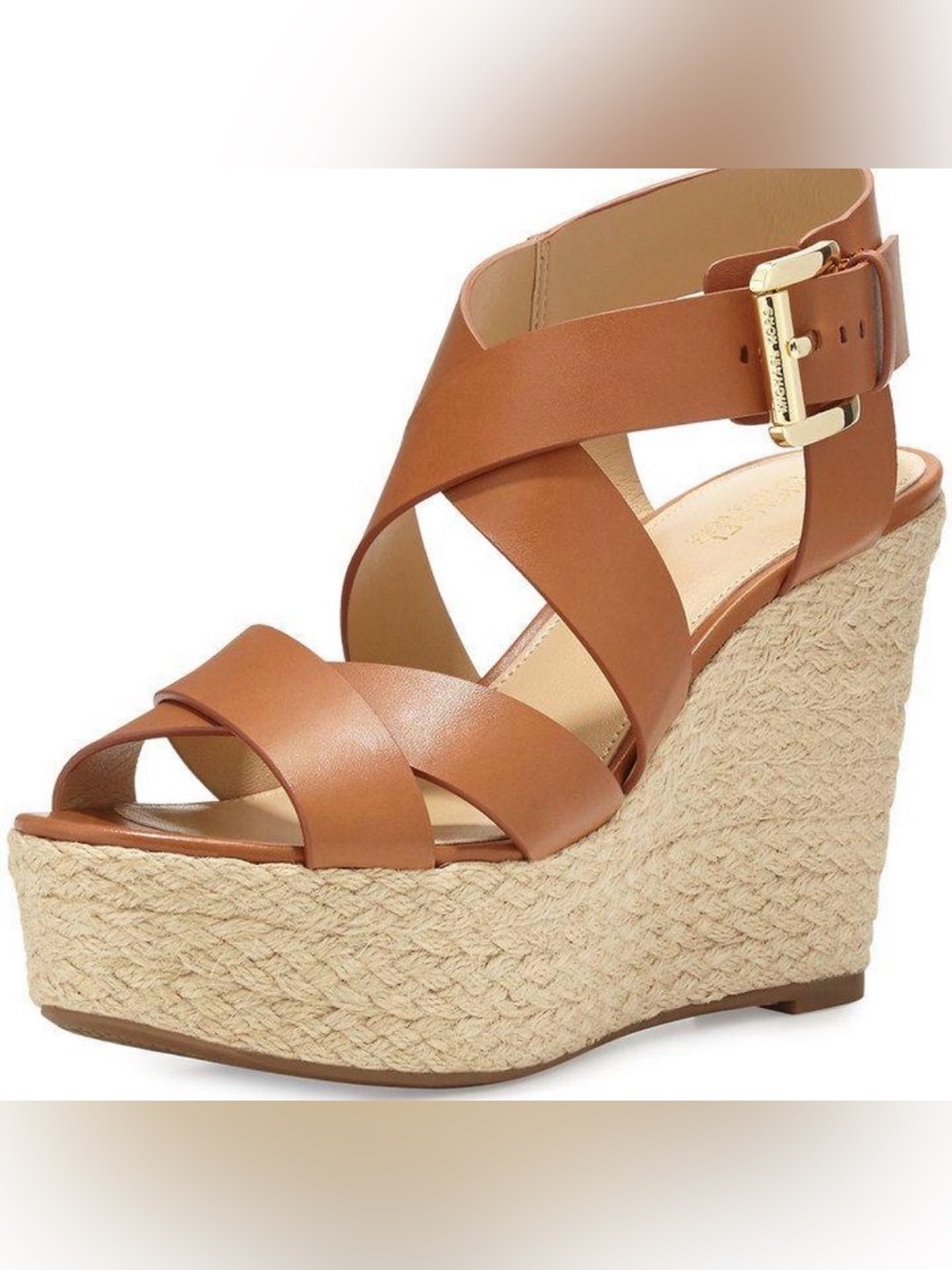 Michael Kors Cognac Leather Espadrille Wedge Sandals